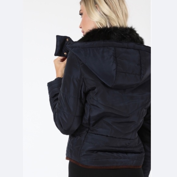 NEW Black Puffer Jacket w/ Hood, Black Fur Collar - Picture 2 of 3